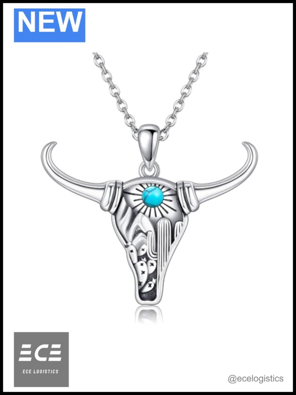 Sterling Silver Turquoise Bull Skull Pendant Necklace Western Gift